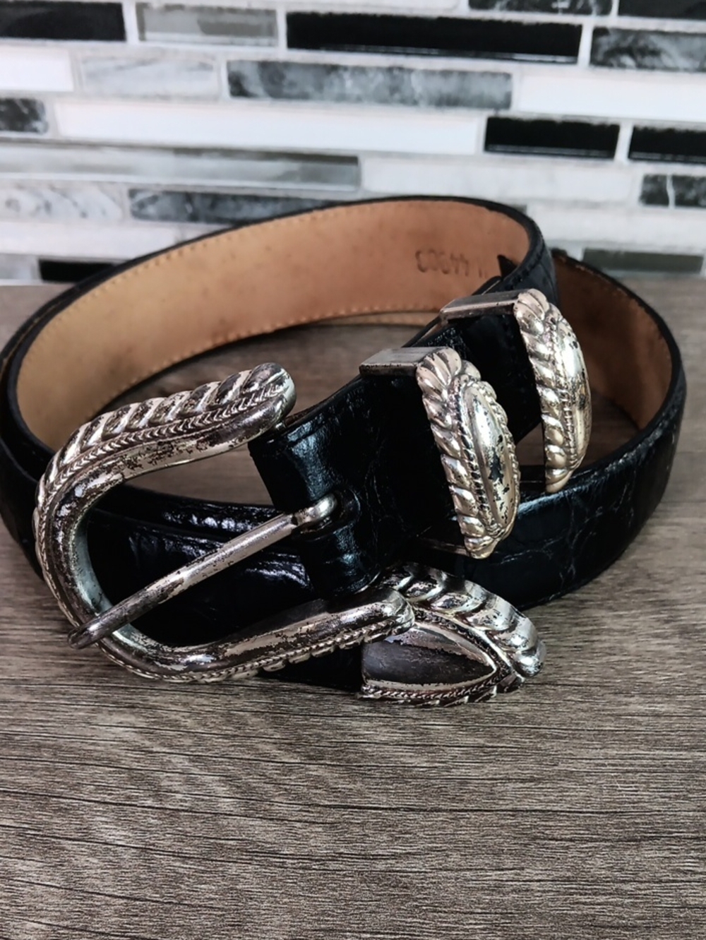 Ladies Brighton Black Leather Crocodile Embossed M 44903 Clasic Silvertone Belt